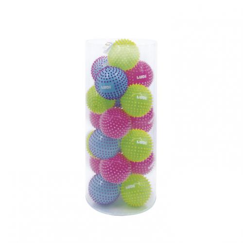 Conjunto de várias bolas sensoriais Ludi (azul, verde e rosa) embaladas num tubo cilíndrico transparente.