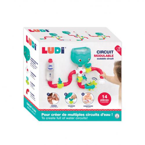Embalagem do brinquedo Ludi Circuito de Água para o Banho, mostrando o circuito montado, acessórios e uma criança a brincar. Ideal para mais de 18 meses.