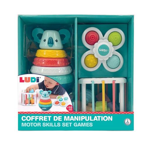 Conjunto de brinquedos de manipulação Ludi com cubo elástico, baby spinner e pirâmide de anéis