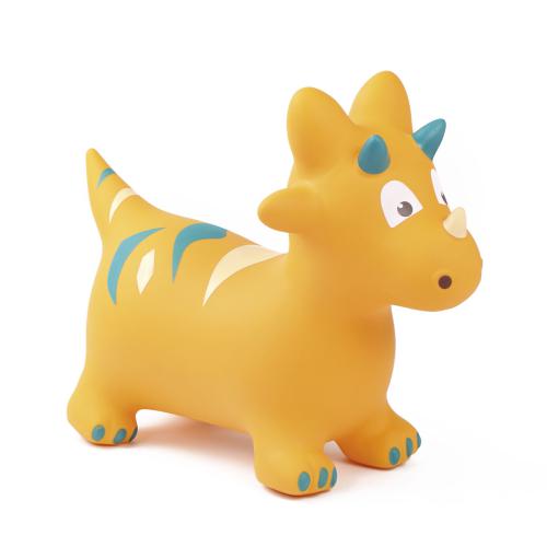 Dinossauro saltitante insuflável Ludi amarelo com detalhes em azul e riscas brancas na cauda, ideal para brincar.