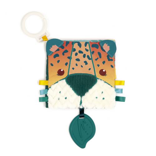 Capa do livro sensorial Fehn Selva com rosto de leopardo em tons de laranja e verde, texturas variadas e anel de fixação branco.