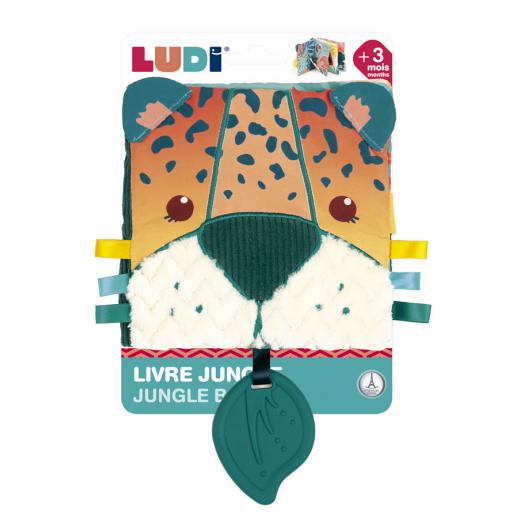 Embalagem do Ludi Livro sensorial Selva Fehn com rosto de leopardo, fitas e mordedor de folha, indicado para +3 meses.