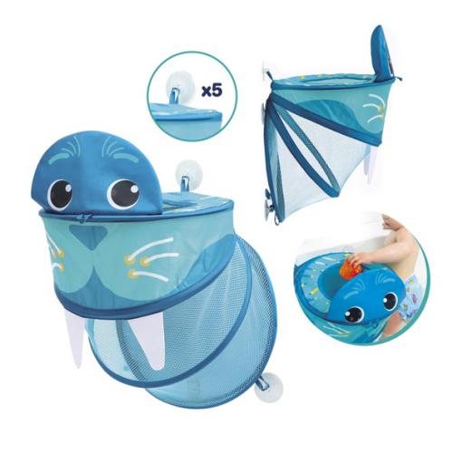 Organizador de banho Ludi em forma de morsa azul, com rede de malha, mostrando fixação por ventosas (x5) e uso com brinquedos.