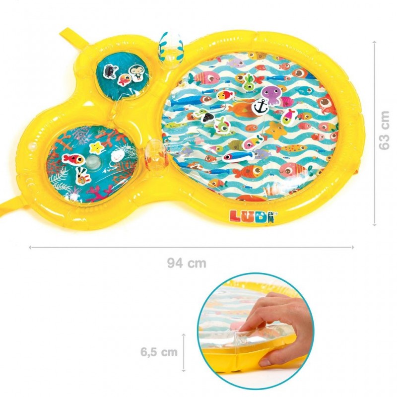 Dimensões do Ludi Tapete de água Insuflável Jogo Sensorial (94x63cm) e detalhe da altura (6.5cm).