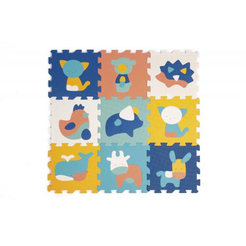 Tapete de espuma Ludi com 9 quadrados, cada um com um animal diferente, em tons de azul, amarelo e bege.