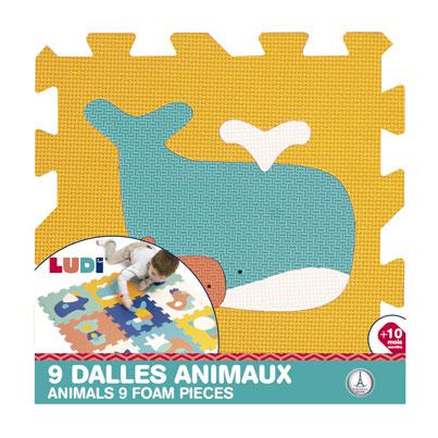 Tapete de espuma Ludi com 9 quadrados, cada um com um animal diferente, em tons de azul, amarelo e bege.