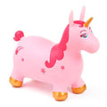 Unicórnio saltitante insuflável cor-de-rosa da Ludi, com crina e cauda rosa escuro e detalhes dourados nas patas e chifre.