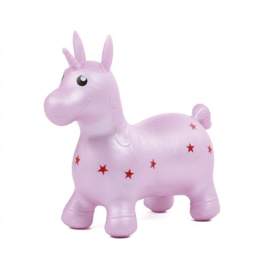 Unicórnio saltitante insuflável Ludi cor-de-rosa com detalhes de estrelas vermelhas, isolado em fundo branco.