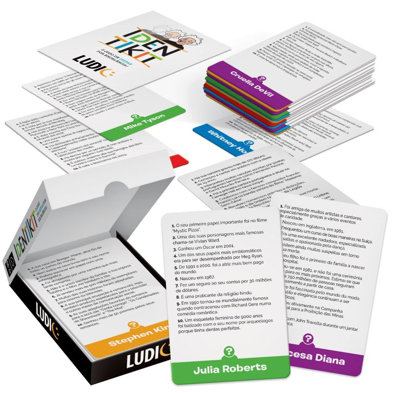 Componentes do jogo LUDIC Identikit: cartas de personagens famosas (ex: Julia Roberts, Mike Tyson) e cartas de pistas espalhadas ao lado da caixa aberta.