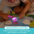 Close-up de mãos a usar a lupa mágica num livro da Glo Pals, com texto sobreposto "Reimagining Storytime".