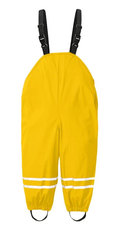 Macacão calças impermeável amarelo da Hublot para criança, com suspensórios ajustáveis e detalhes refletores nos tornozelos. Perfeito para aventuras ao ar livre com tempo chuvoso.