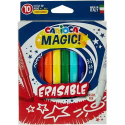 Caixa de marcadores Carioca Magic Erasable com 10 canetas, incluindo 9 coloridas e 1 mágica branca, em embalagem vibrante.