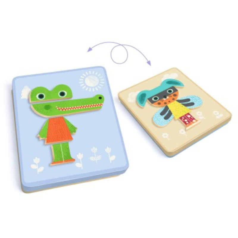 Comparação visual da caixa metálica com um crocodilo montado e outra criatura inventada, ilustrando a possibilidade de misturar peças.