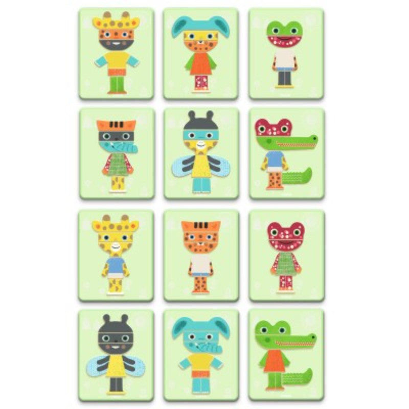 Ilustração das 12 cartas-modelo com os animais possíveis de construir com as peças magnéticas do jogo Djeco.