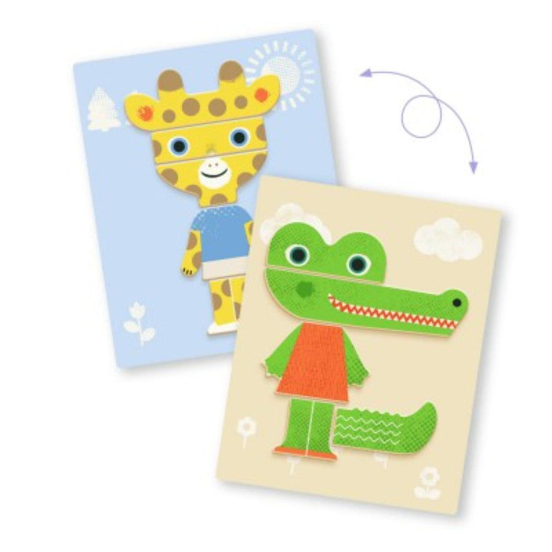 Demonstração de duas peças magnéticas montadas: a cabeça de uma girafa e o corpo de um crocodilo, sobre as respetivas bases de fundo.