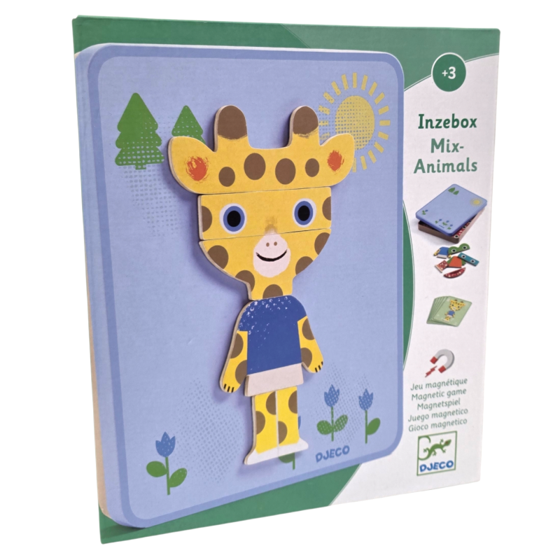 Caixa do jogo magnético Djeco Inzebox Mix-Animals com uma girafa montada, destacando a faixa etária +3 e o conteúdo.
