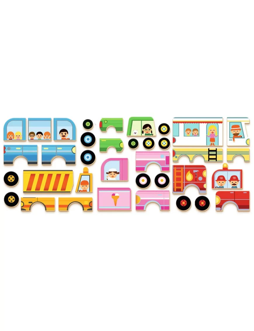 Todas as 27 peças magnéticas de madeira do jogo Djeco Inzebox Vehicles, incluindo rodas, cabines e carroçarias para montar vários veículos.