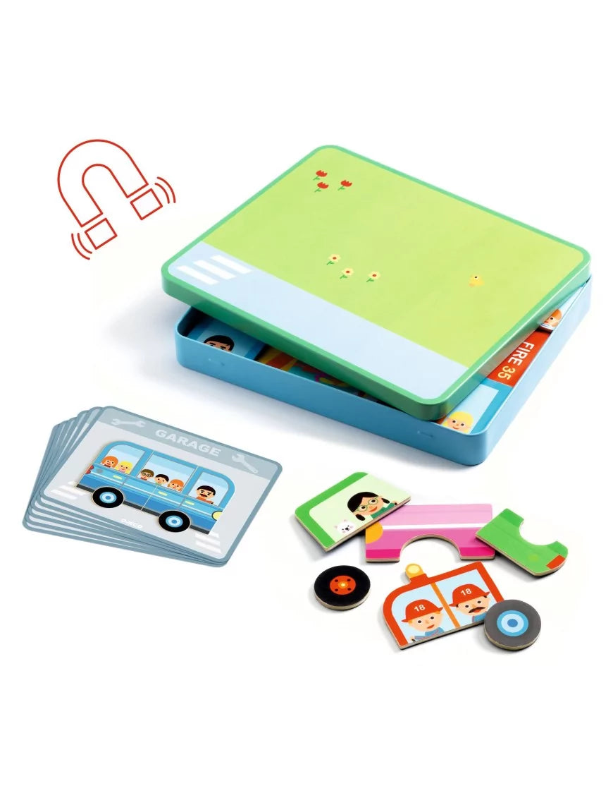 Conteúdo do jogo magnético Djeco Veículos, incluindo a caixa metálica, peças de madeira coloridas e cartões de inspiração com desenhos.