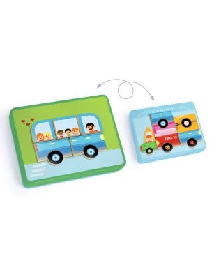 Demonstração da caixa de dupla face do jogo Djeco Inzebox Vehicles, permitindo criar um autocarro de um lado e um camião do outro.