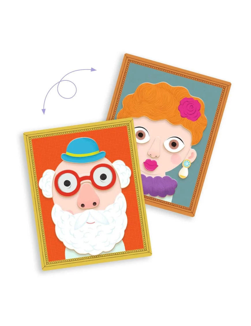 Detalhe da caixa metálica de dupla face do jogo Djeco Inzebox Portraits, mostrando a versatilidade com dois retratos diferentes.