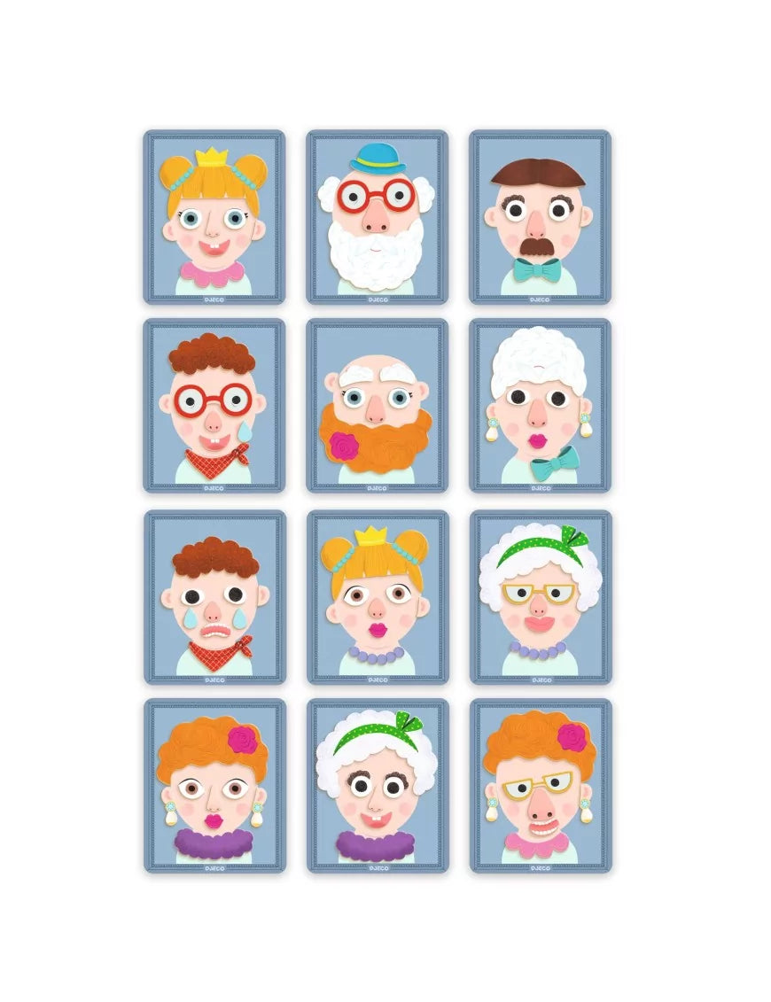 Grelha com os 12 cartões de exemplo incluídos no jogo magnético Djeco Inzebox Portraits para as crianças recriarem.