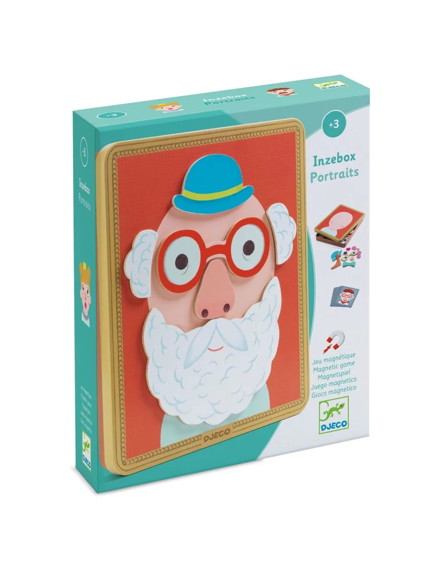 Embalagem do jogo magnético Djeco Inzebox Portraits, mostrando um retrato de um avô com barba branca e chapéu azul.