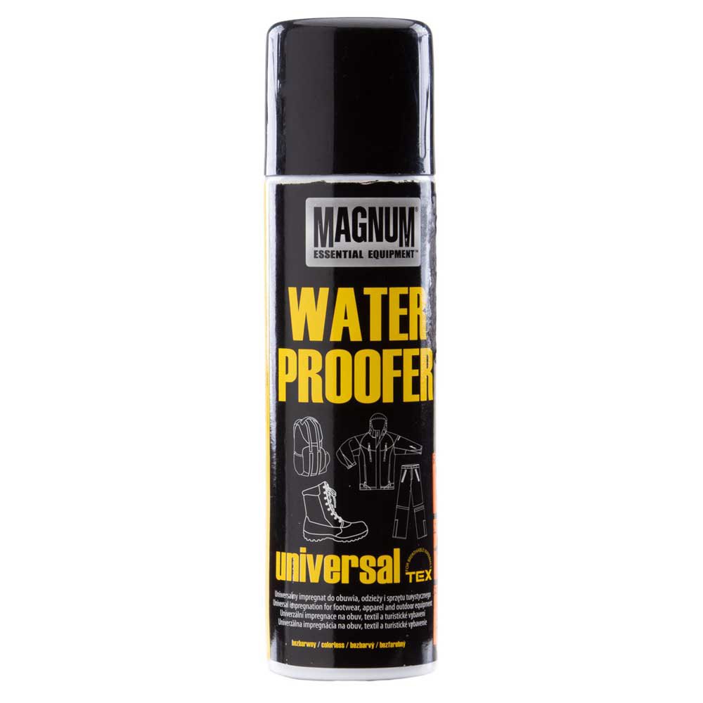 Spray impermeabilizante Magnum Water Proofer de 250ml, embalagem preta e amarela com letras em destaque, ideal para proteger calçado, roupa e equipamentos de atividades ao ar livre contra a água e a humidade.