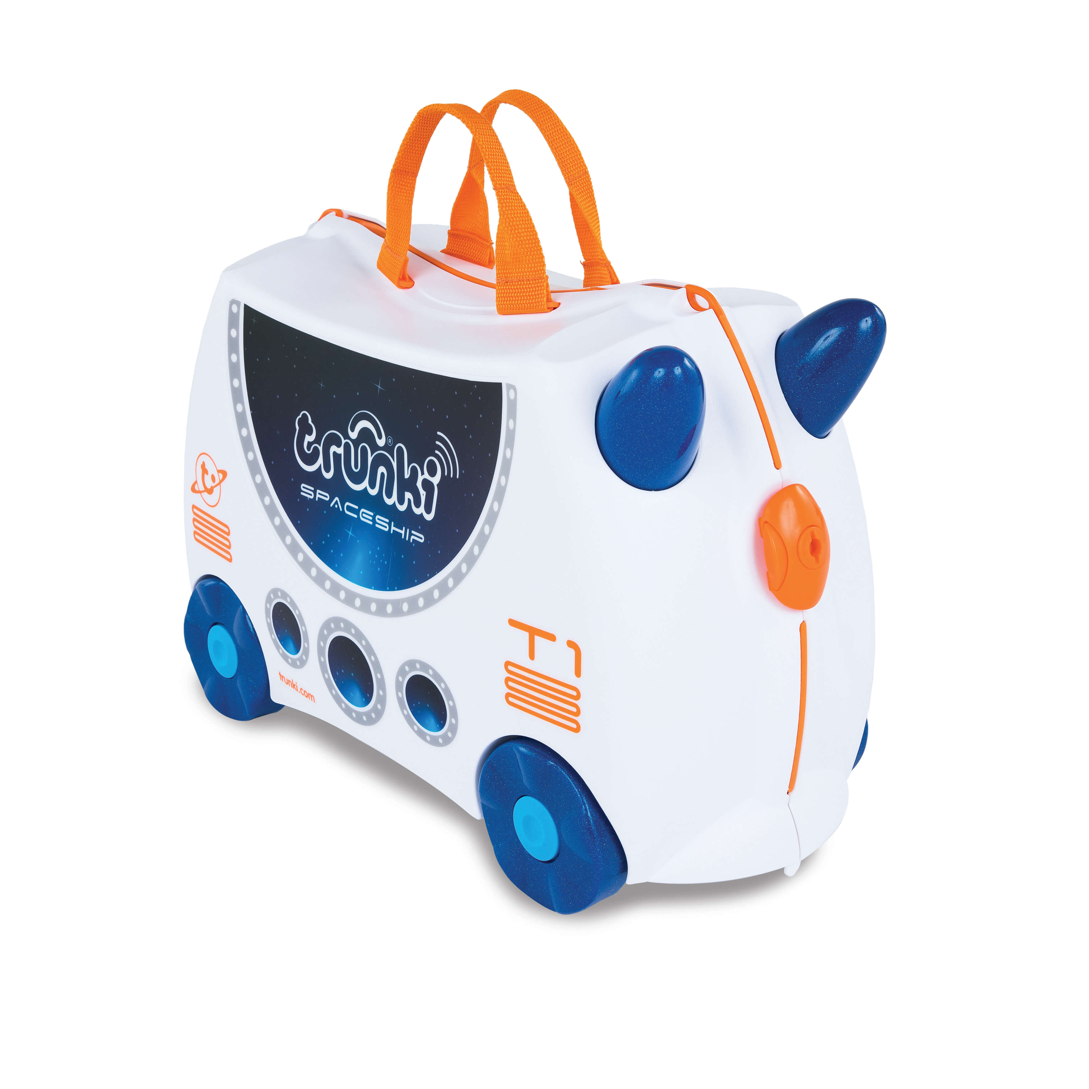 Mala infantil Trunki modelo Spaceship (avião) branca e azul com pormenores laranja, sobre fundo branco.