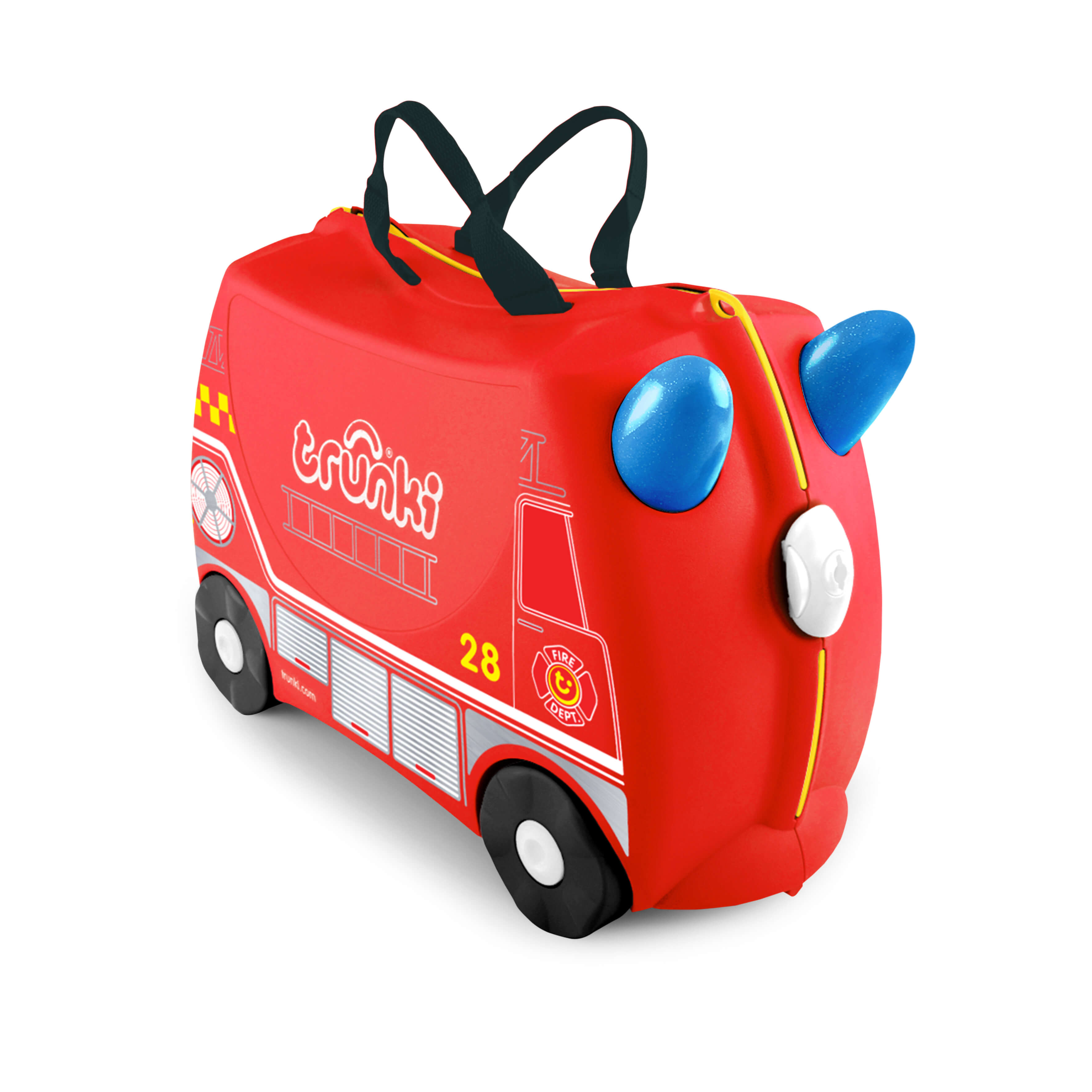 Mala infantil Trunki vermelha com design de camião de bombeiros, vista em ângulo, com pegas pretas e rodas pretas.