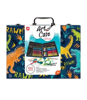 Mala de pintura deluxe com 100 peças, decorada com dinossauros, contendo lápis de cor, giz de cera, aquarelas, pincéis e folhas de desenho A4.