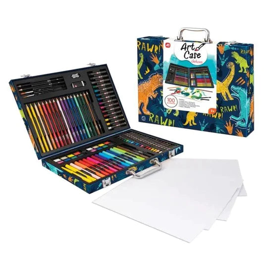 Mala de pintura deluxe com 100 peças, decorada com dinossauros, contendo lápis de cor, giz de cera, aquarelas, pincéis e folhas de desenho A4.
