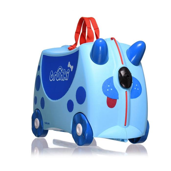 Mala de viagem infantil Trunki com rodas, de cor azul clara com detalhes em azul escuro, com design de dinossauro e alças vermelhas.