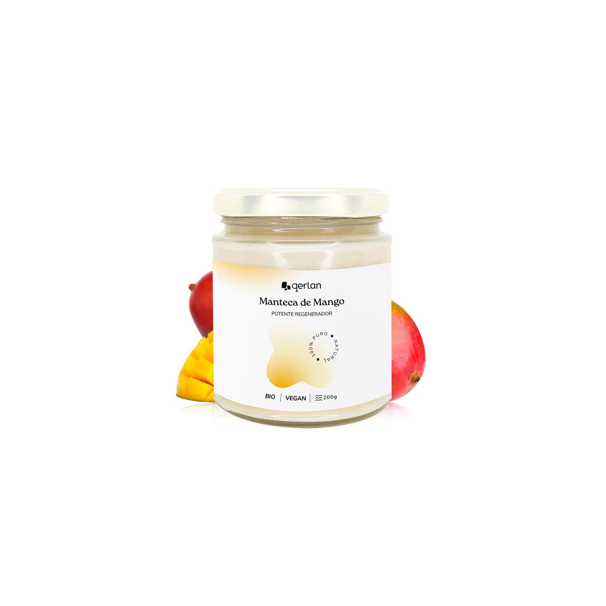Frasco de vidro com Manteiga de Manga da marca Gerlan, rótulo branco com texto "POTENTE REGENERADOR", mostrando o produto cremoso.