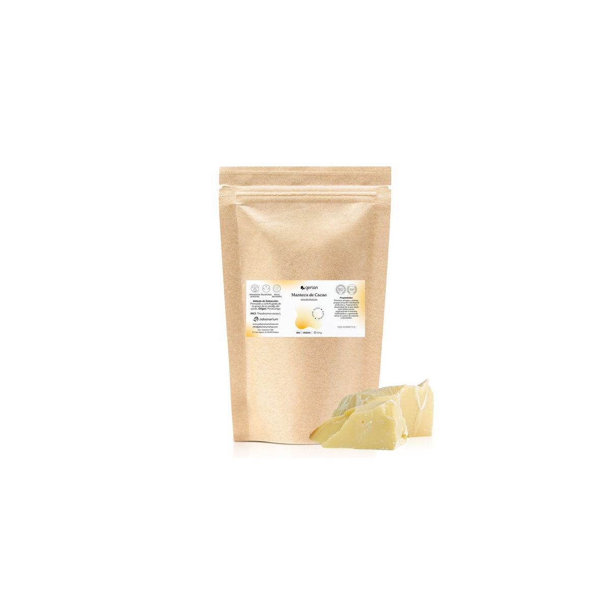Embalagem de saco Kraft da Manteiga de Cacau BIO desodorizada da Gotu, com pedaços da manteiga amarelada em primeiro plano.