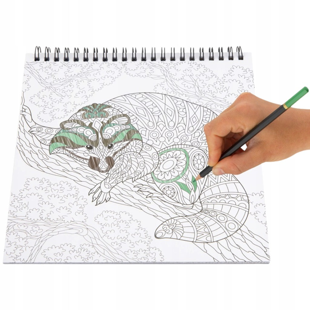 Mão a colorir um guaxinim com padrões de mandala num livro de colorir de espiral, utilizando um lápis de cor.