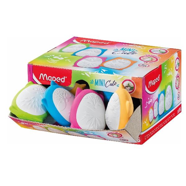 Caixa expositora com várias borrachas Maped Mini Cute em formato de coruja, em cores vivas como verde, azul, rosa e amarelo.