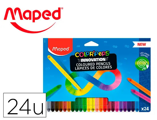 Embalagem azul dos lápis de cor Maped Color'Peps Infinity com 24 cores sortidas, destacando a inovação "dura 10x mais" e o formato triangular.