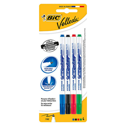 Conjunto de 4 marcadores BIC Velleda para quadro branco, com ponta fina e cores azul, preto, vermelho e verde, embalados num blister amarelo.