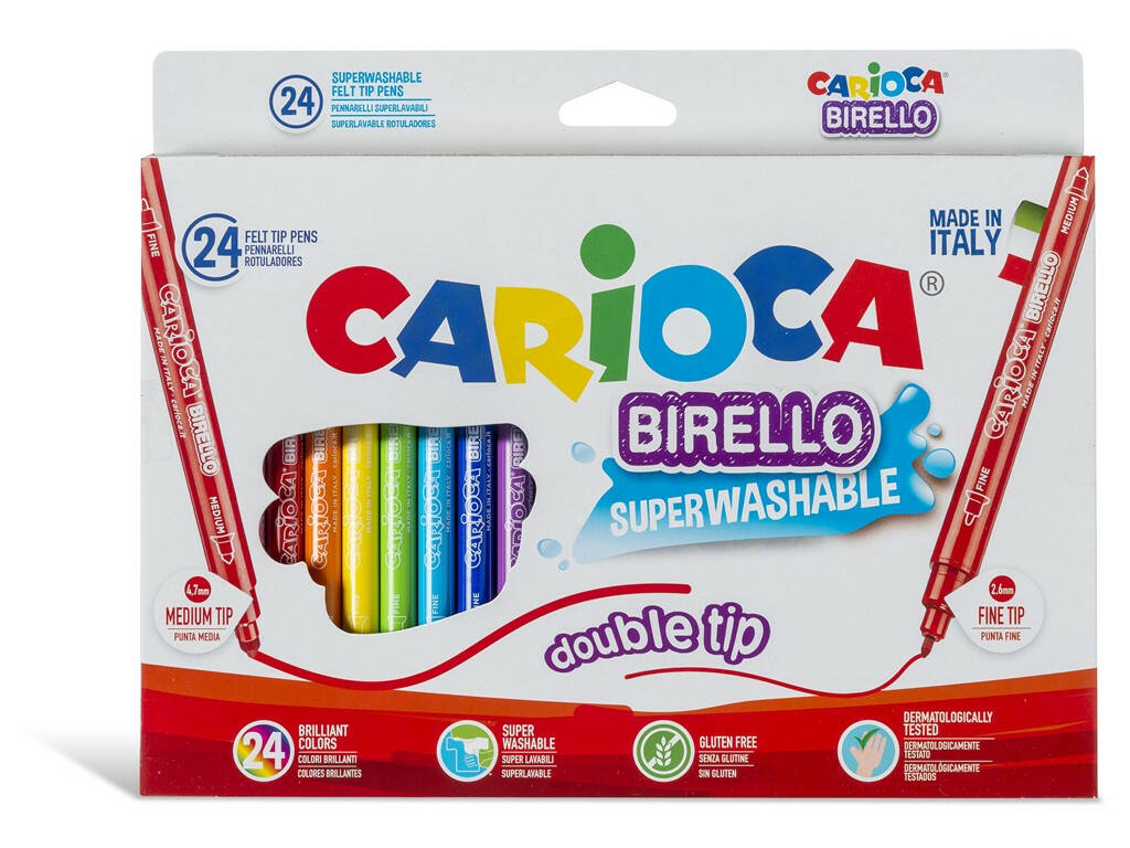 Marcadores Carioca Birello com ponta dupla fina e media e tampa ventilada.