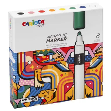 Caixa do conjunto de 8 marcadores acrílicos Carioca Plus de 2mm, com design artístico e um marcador verde em destaque.