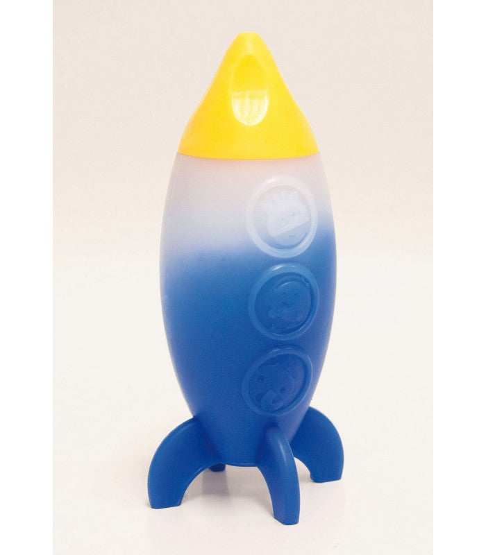 Brinquedo de banho foguetão Marcus & Marcus em silicone azul e amarelo, ideal para bebés a partir dos 0 meses.