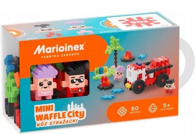 Caixa aberta do brinquedo Marioinex Mini Waffle City - Camião dos Bombeiros, mostrando as peças coloridas dentro.