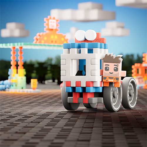 Caminhão de construção da Marioinex Mini Waffle City, com um personagem, em um cenário de cidade.