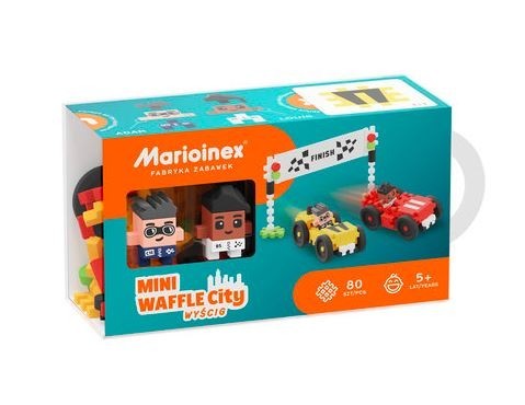 Caixa do jogo Marioinex Mini Waffle City - Carros de Corrida, mostrando os seus componentes: 80 peças coloridas, dois mini-pilotos e uma linha de chegada. Ideal para crianças a partir dos 5 anos.
