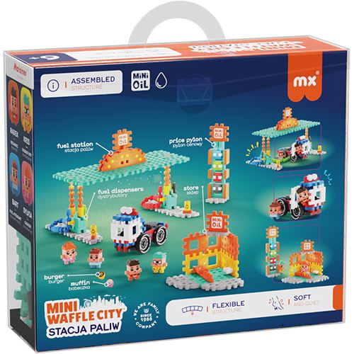 Verso da caixa do Marioinex Mini Waffle City - Estação de Serviço, mostrando imagens adicionais da estação de serviço montada e detalhes das peças.