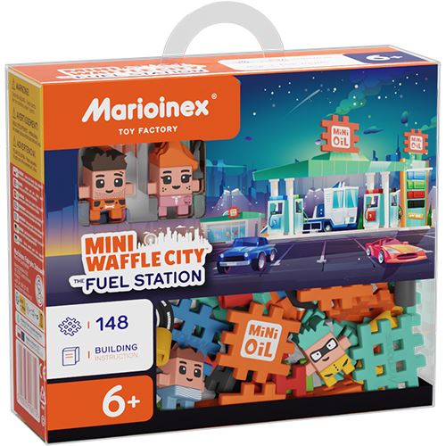 Caixa do brinquedo Marioinex Mini Waffle City - Estação de Serviço com 148 peças, mostrando as peças coloridas, personagens e uma ilustração da estação de serviço montada.
