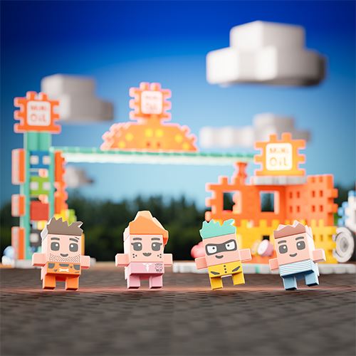 Personagens da Marioinex Mini Waffle City em frente a uma estação de serviço parcialmente construída.