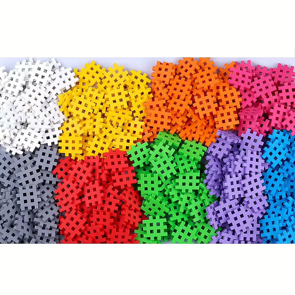 Detalhe dos blocos Mini Waffle Marioinex, mostrando a variedade de cores e o design único em forma de waffle.