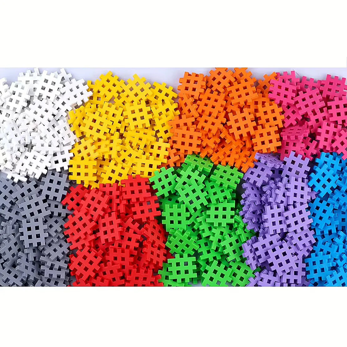 Detalhe dos blocos Mini Waffle Marioinex, mostrando a variedade de cores e o design único em forma de waffle.