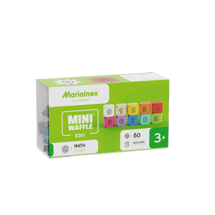 Embalagem do Marioinex Mini Waffle Edu Números, exibindo cubos coloridos com algarismos de 0 a 9 e indicação de 3+ anos.